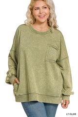 Curvy Acid Wash French Terry Pocket Pullover