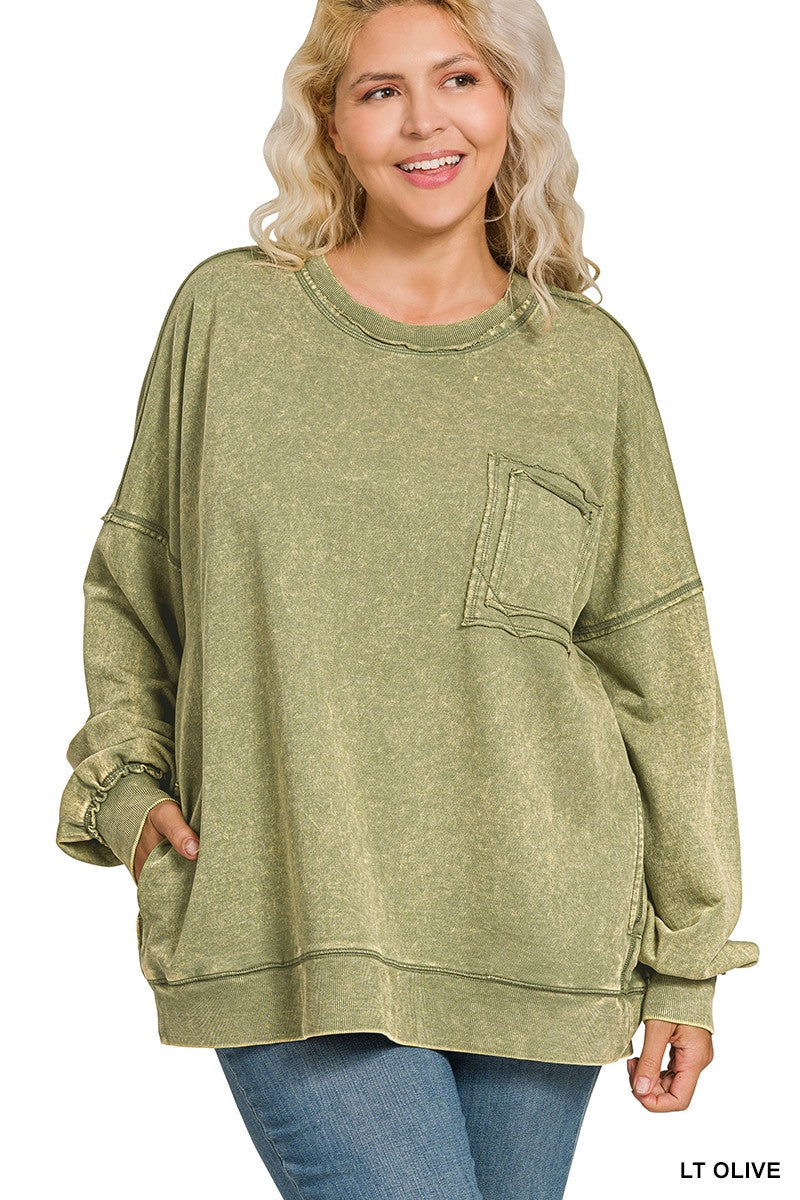 Curvy Acid Wash French Terry Pocket Pullover