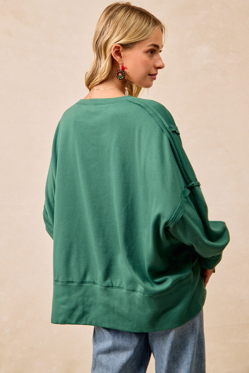 Green Oversized Holly Jolly Edge Patched Fleece Top