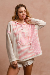 Curvy Pink Leopard and Stripe Mixed Material Hooded Top
