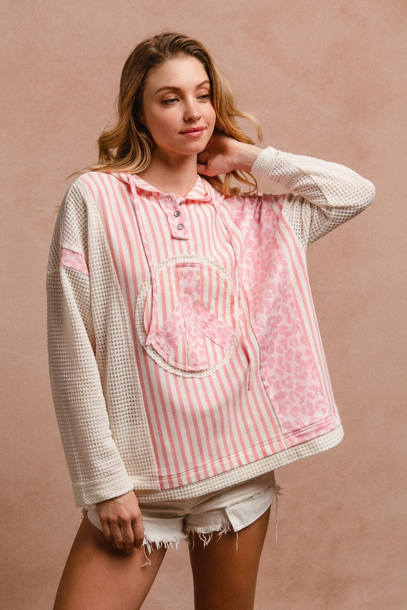 Curvy Pink Leopard and Stripe Mixed Material Hooded Top