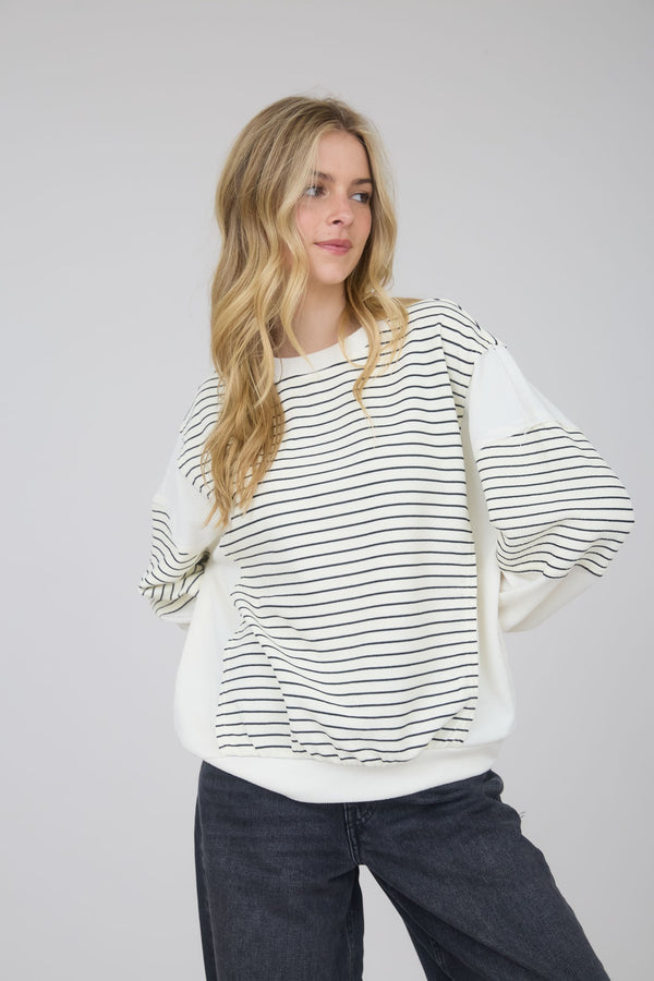 White and Black Contrast Stripe Long Sleeve Top
