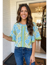 Blue and Green Floral Ruffle Sleeve Top