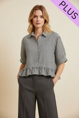 Curvy Black Stripe Peplum Hem Button Down Top