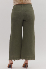 Curvy Olive High Waist Crop W/ Floral Embroidered Hem