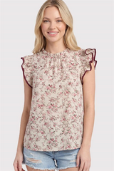 Pink and Burgundy Floral Ruffle Sleeve Top