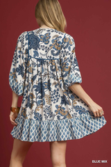 Blue With Browns Mixed Print Mini Dress