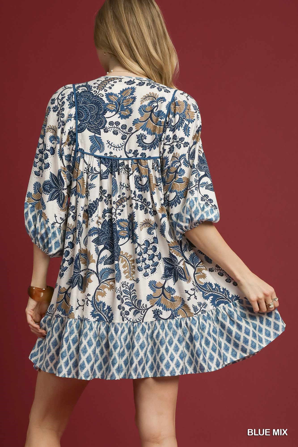 Blue With Browns Mixed Print Mini Dress