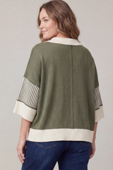 Curvy Olive Half Sleeve Contrast Stripe Sweater