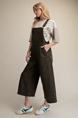 Olive Animal Print Mineral Washed Overalls