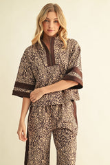 Leopard Half Sleeve Front Zip Faux Suede Top