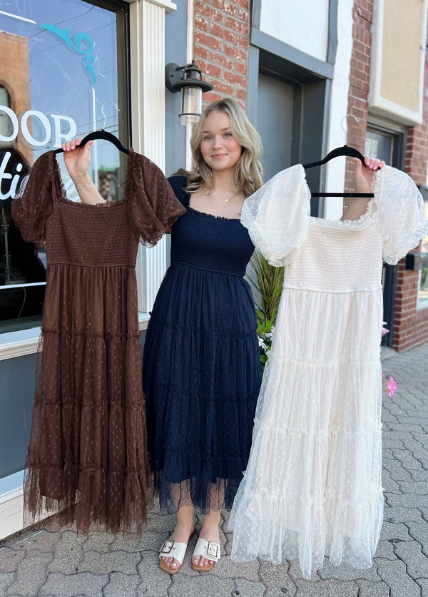Tulle Layered Midi Dress With Short Sleeves