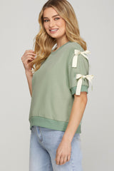 Short Sleeve Round Neck Knit Top with Bow Details