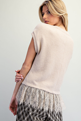 Oatmeal Lace Trim Textured Top