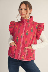 Magenta Floral Patterned Vest With Pockets