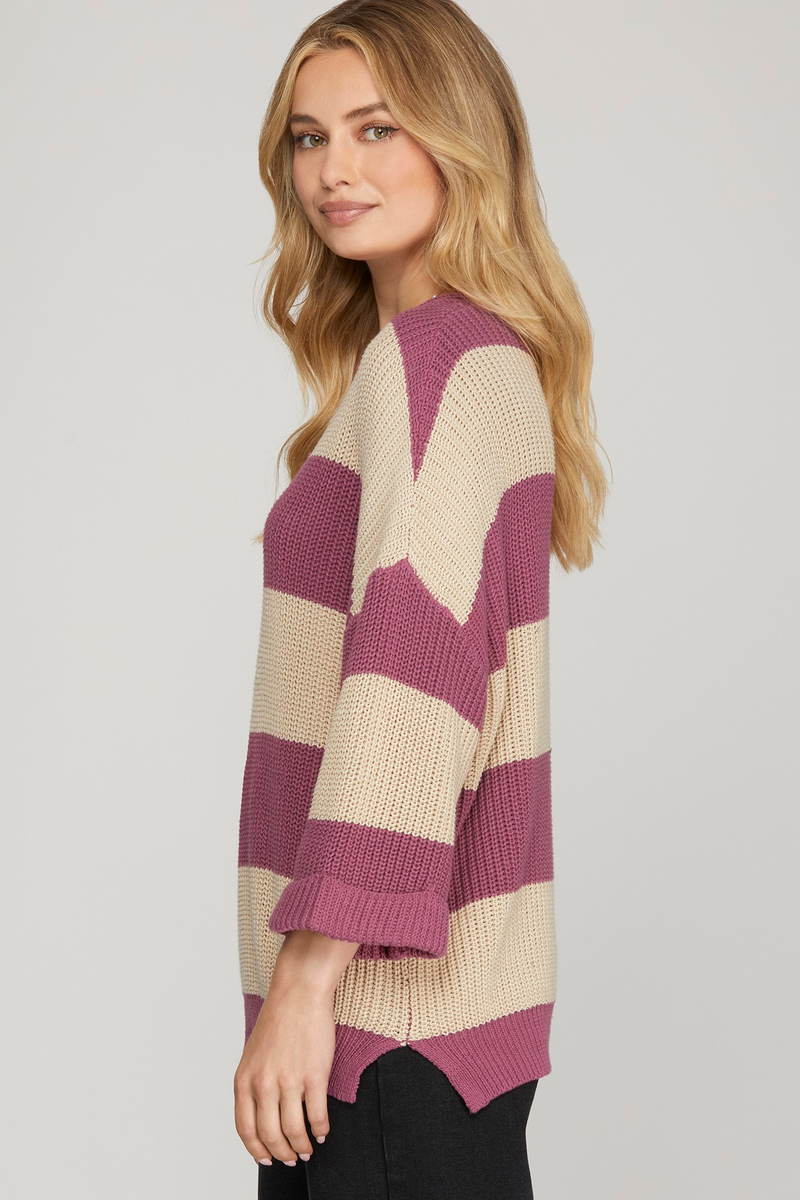 Mauve and Cream Striped V Neck Sweater
