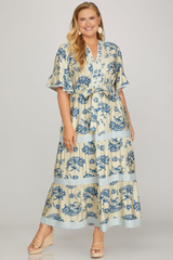 Curvy Blue Printed Short Ruffled Sleeve Tiered Maxi Dress