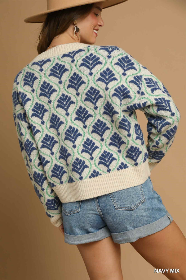 Navy and Green Patterned Cardigan