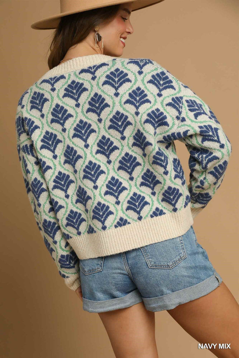 Navy and Green Patterned Cardigan