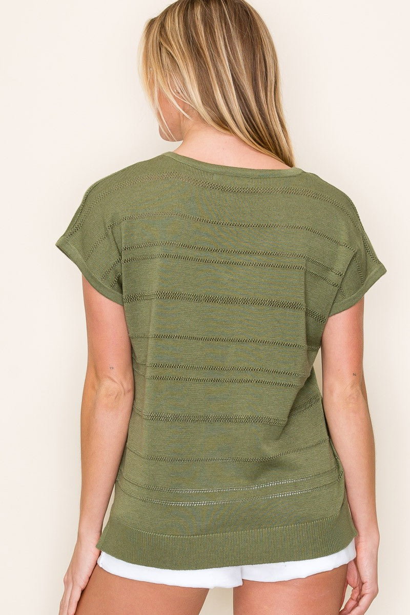 Olive V-Neck Striped Shortsleeve Sweater