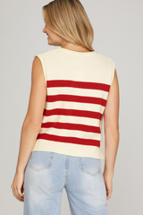Red Striped Sweater Vest With Gold Side Buttons
