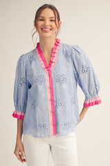 Blue 3/4 Sleeve Button Down Eyelet Top