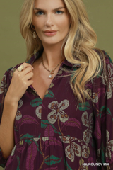 Burgundy Floral Collard Tiered Midi Dress