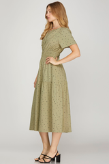 Light Olive Polka Dot Short Sleeve Elastic Waist Dress