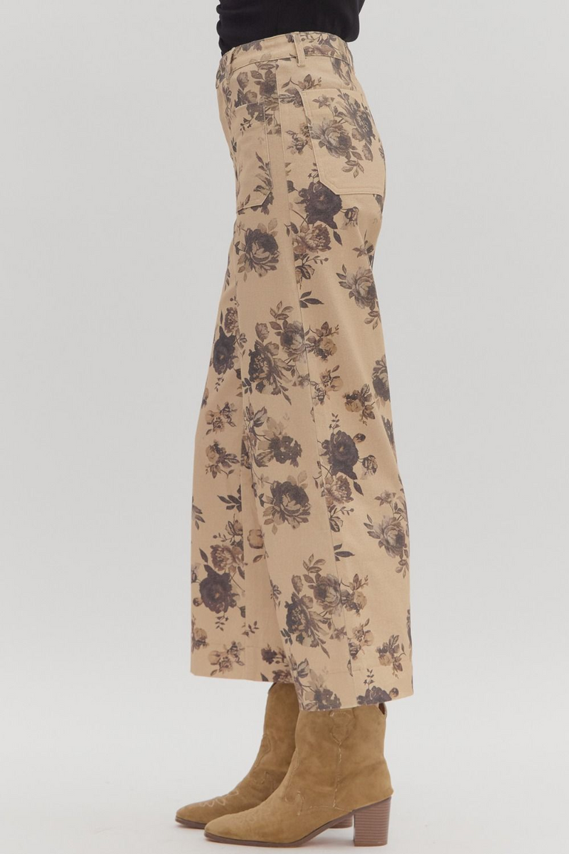 Taupe Dark Floral Pants With Pockets