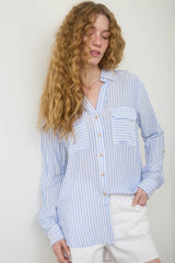 Blue and White Stripe Collared Button Down Top