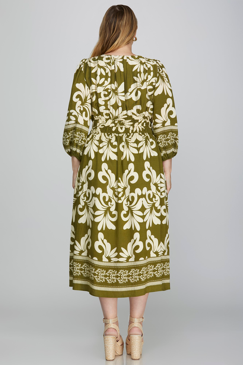 Curvy Olive 3/4 Sleeve Elastic Waist Dress