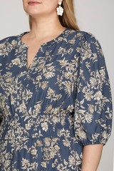 Curvy Dusty Blue Floral V-Neck Dress