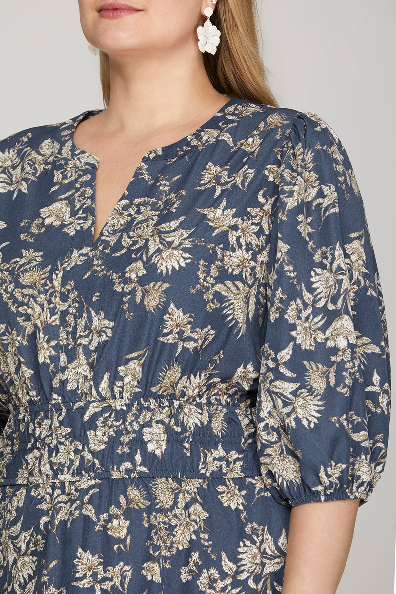 Curvy Dusty Blue Floral V-Neck Dress