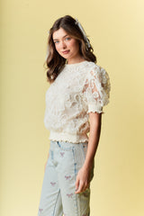 Cream Floral Overlay Sheer Sleeve Top