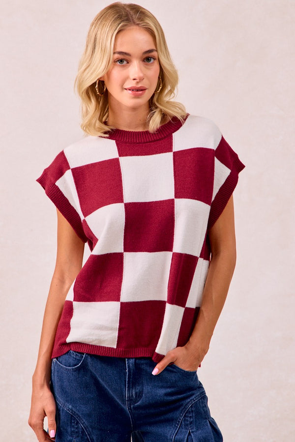 Maroon and White Short Sleeve Checkered Sweater