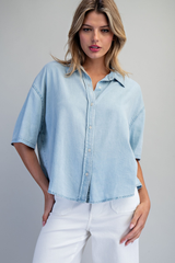 Chambray Drop Sleeve Button Front Top