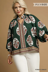 Curvy Forest Green Boho Floral Print Tunic Top