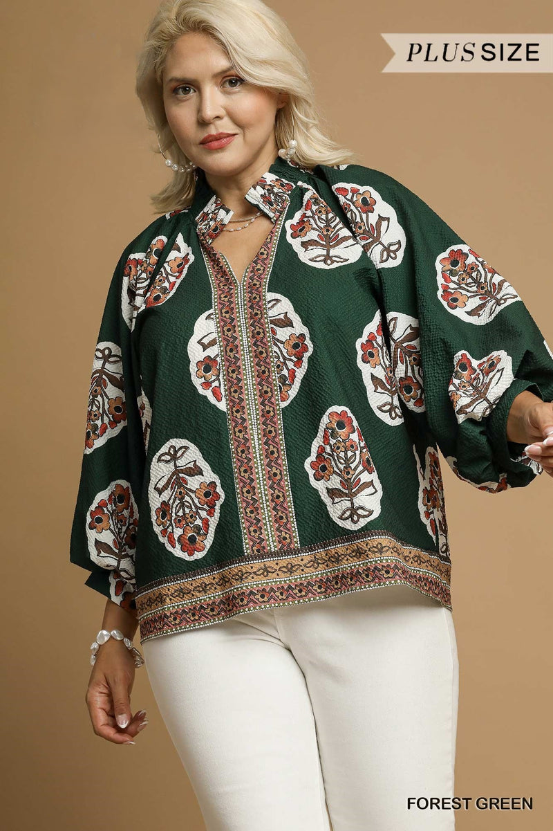 Curvy Forest Green Boho Floral Print Tunic Top