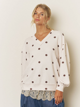 Cream Polka Dot Long Sleeve Textured Top