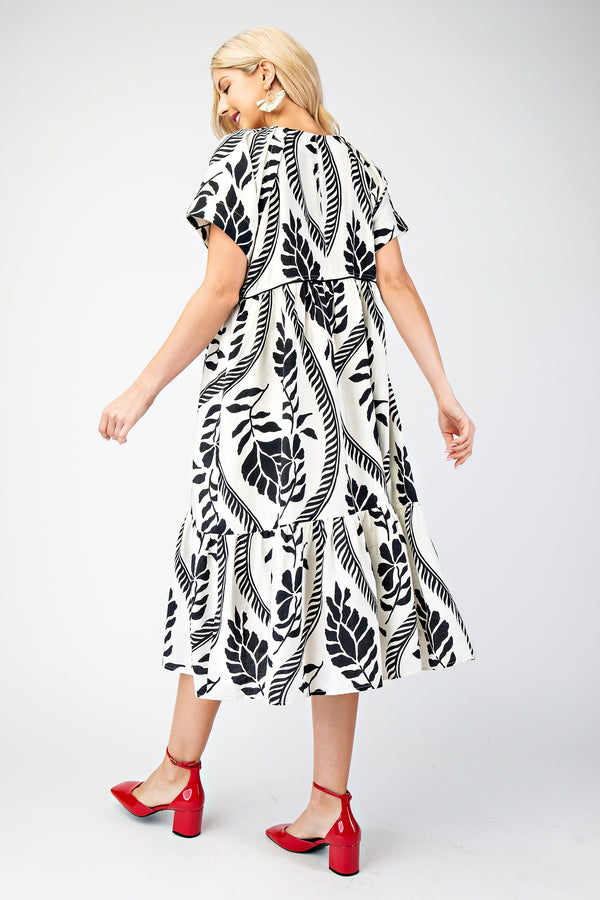 White V-Neck Leaf Printed Midi Dress