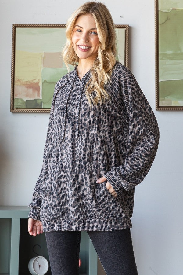 Curvy Gray Leopard Print Ribbed Hoodie