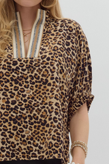 Leopard Print High Neck Elastic Sleeve Dolman Top