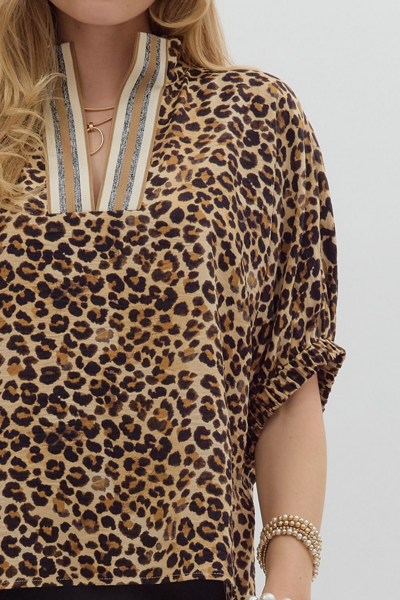 Leopard Print High Neck Elastic Sleeve Dolman Top