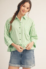 Green and White Stripe 3/4 Sleeve Pleated Ruffle Hem Top