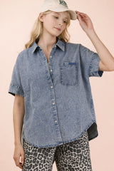 Oversized Mineral Wash Button Front Chambray Top