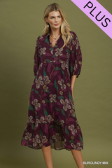 Curvy Burgundy Floral Collard Tiered Midi Dress