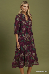 Burgundy Floral Collard Tiered Midi Dress