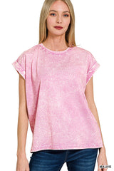 Crinkle Washed Round Neck Rolled Sleeve Tee