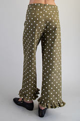 Olive Polka Dot Ruffle Hem Pants