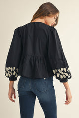 Front Bow Tie Embroidered Peplum Top